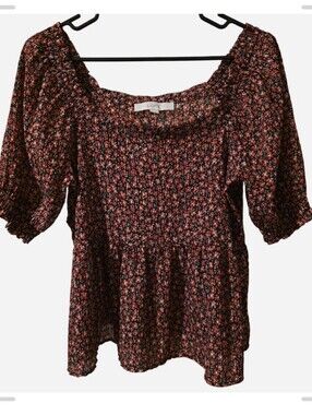 LOFT Rust Floral Smocked Peasant Blouse